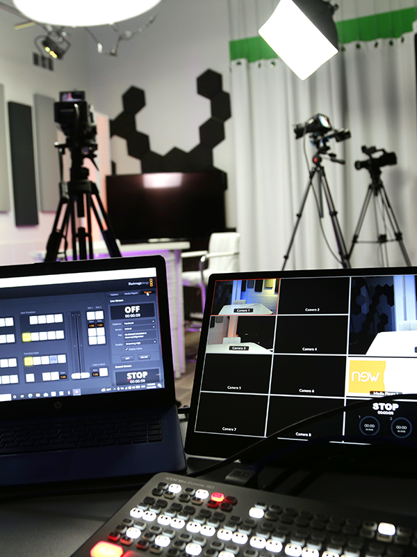 Snappuchino studio control room with cameras and video switcher